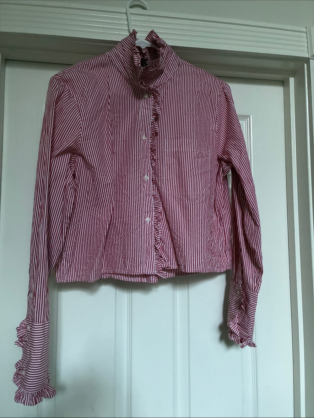 J Crew Women’s Pink Stripe Ruffled Button-Up Top